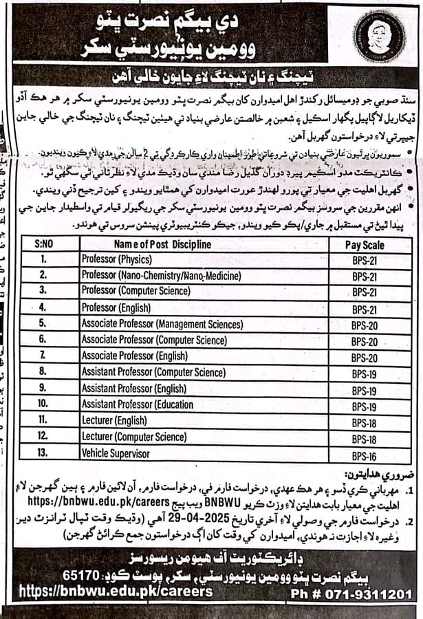 Begum Nusrat Bhutto University Jobs 2025 – Apply Online at BNBWU Sukkur