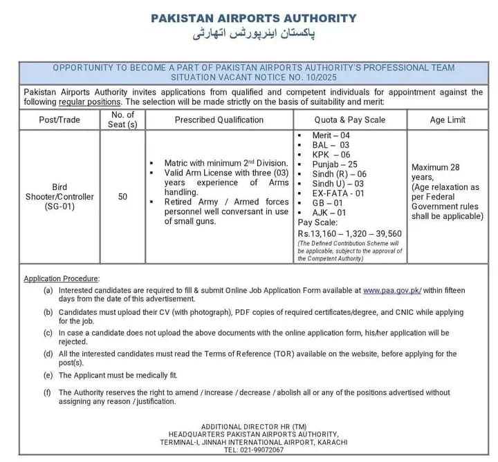 : Latest Pakistan Airports Authority Jobs 2025 for Bird Shooter Controller – Apply Online for Government Jobs