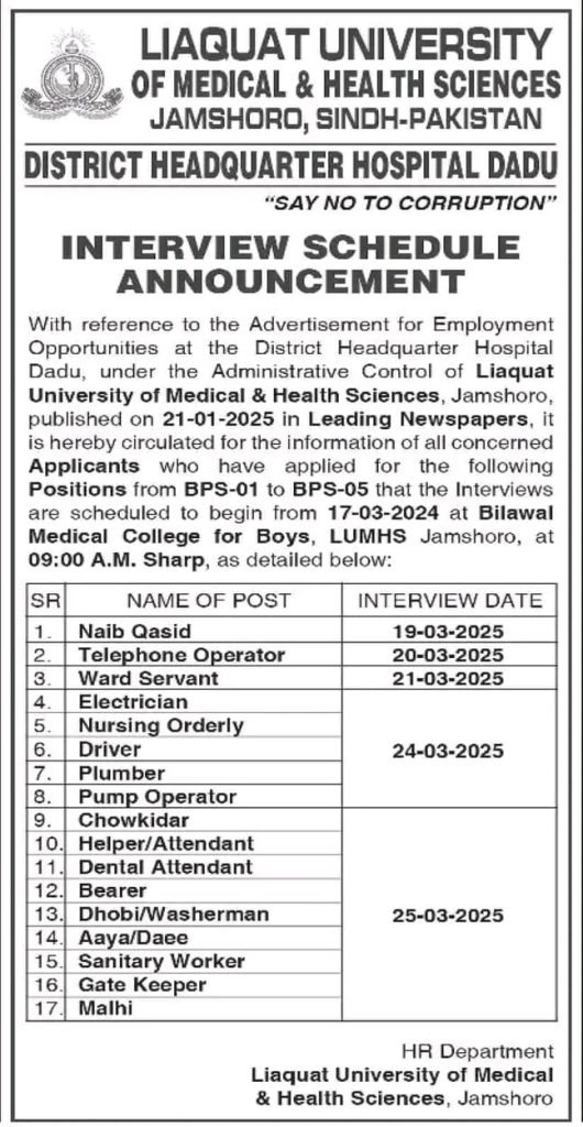 LUMHS University Jamshoro Jobs 2025 – Government Jobs in Pakistan 2025