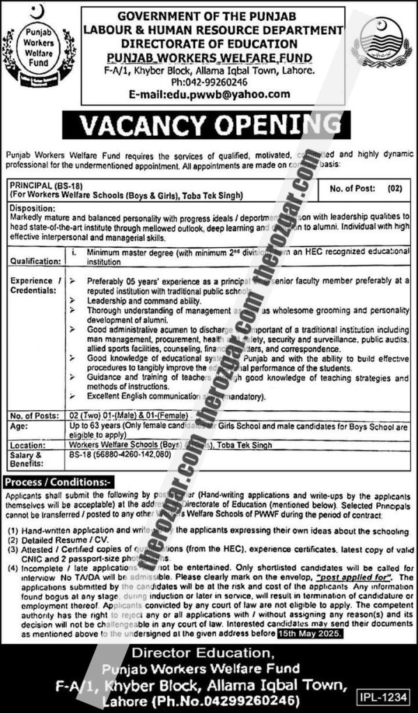 STI Punjab Workers Welfare Fund Jobs 2025 – Principal Vacancies (Toba Tek Singh)