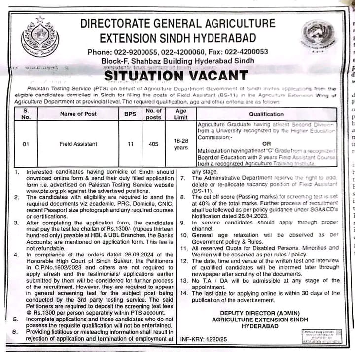 Agriculture Jobs 2025 – Field Assistant Vacancies in Sindh Agriculture Department